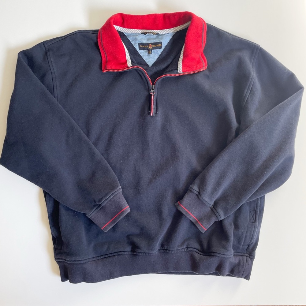 Men’s Vintage Tommy Hilfiger Golf Navy Quarter-Zip Sweatshirt with Red Collar